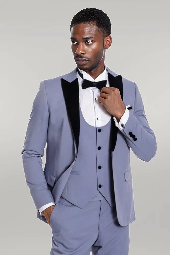 WSS Velvet Lapel Slim Fit Light Blue Men Suit  - Singen