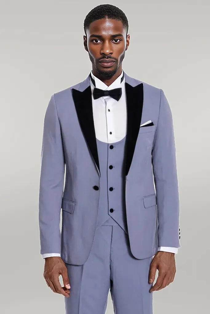 WSS Velvet Lapel Slim Fit Light Blue Men Suit  - Singen