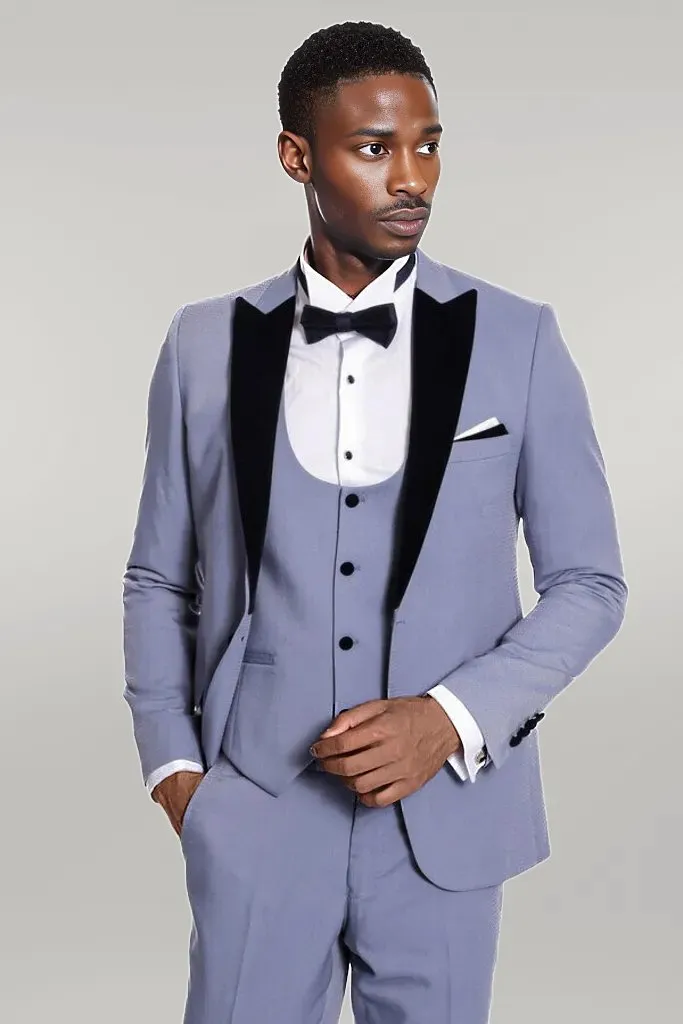WSS Velvet Lapel Slim Fit Light Blue Men Suit  - Singen