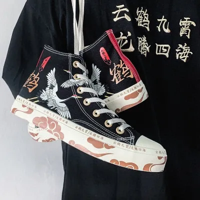 xiangtuibao    High-Top Canvas Shoes Women's Shoes Chinese Style Retro Chic Sneakers Girls Gumshoes Floral Crane Female Leisure Shoe 35-40