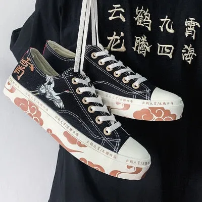 xiangtuibao    High-Top Canvas Shoes Women's Shoes Chinese Style Retro Chic Sneakers Girls Gumshoes Floral Crane Female Leisure Shoe 35-40