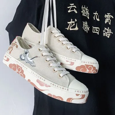 xiangtuibao    High-Top Canvas Shoes Women's Shoes Chinese Style Retro Chic Sneakers Girls Gumshoes Floral Crane Female Leisure Shoe 35-40