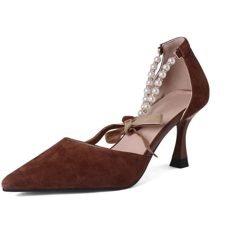 xiangtuibao  Ladies Summer Shoes With Pearls Spring High Heel Shoes Woman Pointd Toe Autumn Elegant Pumps French Style Vintage Pumps