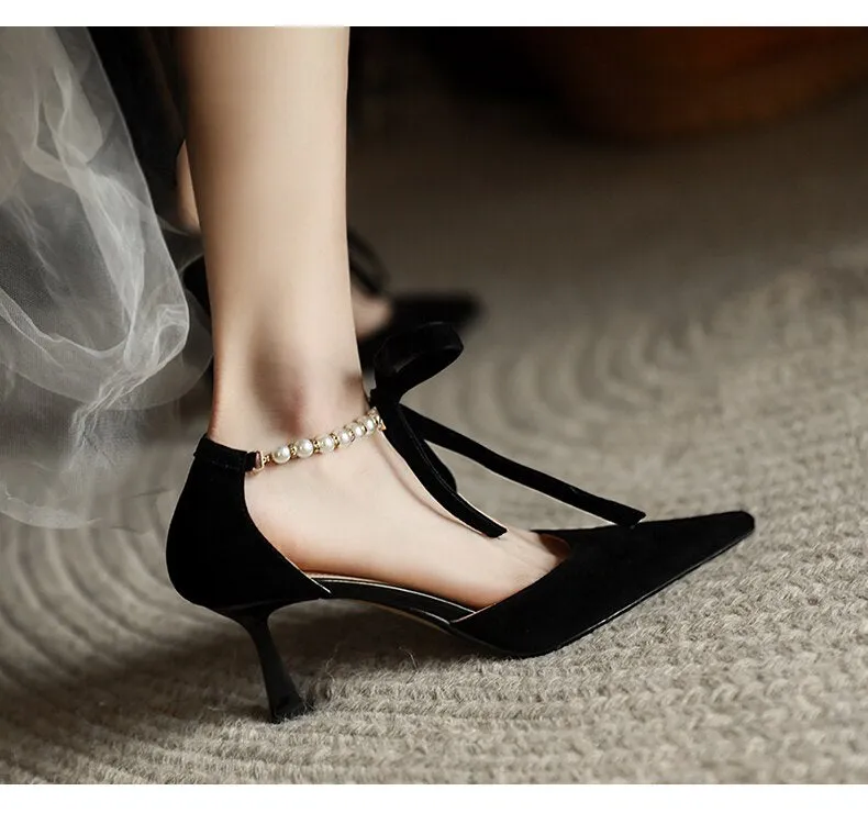 xiangtuibao  Ladies Summer Shoes With Pearls Spring High Heel Shoes Woman Pointd Toe Autumn Elegant Pumps French Style Vintage Pumps