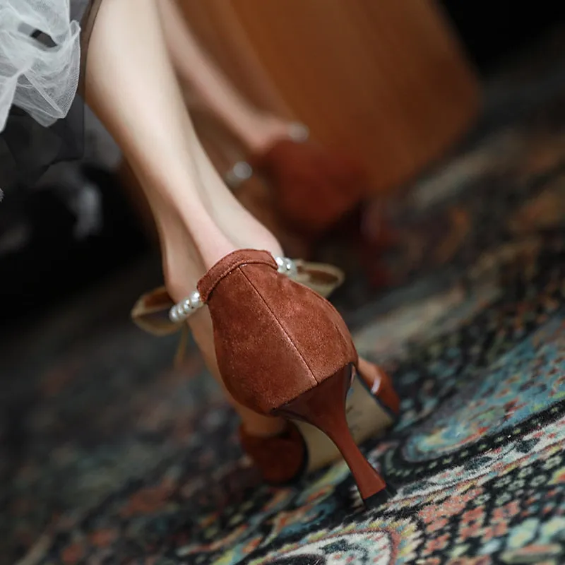 xiangtuibao  Ladies Summer Shoes With Pearls Spring High Heel Shoes Woman Pointd Toe Autumn Elegant Pumps French Style Vintage Pumps