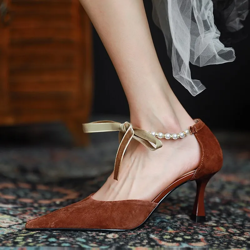 xiangtuibao  Ladies Summer Shoes With Pearls Spring High Heel Shoes Woman Pointd Toe Autumn Elegant Pumps French Style Vintage Pumps