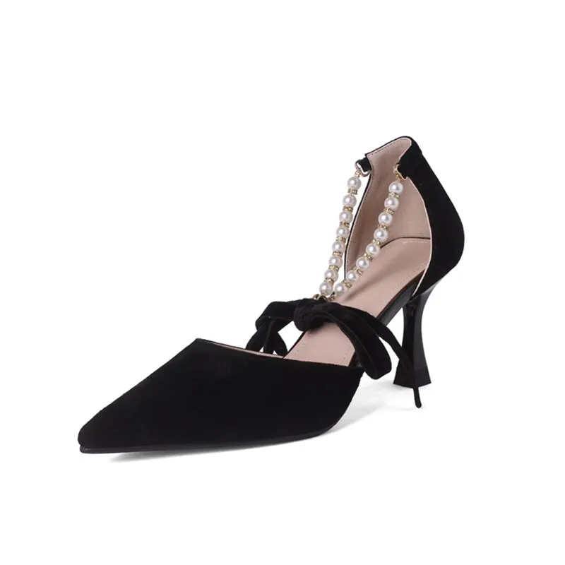 xiangtuibao  Ladies Summer Shoes With Pearls Spring High Heel Shoes Woman Pointd Toe Autumn Elegant Pumps French Style Vintage Pumps