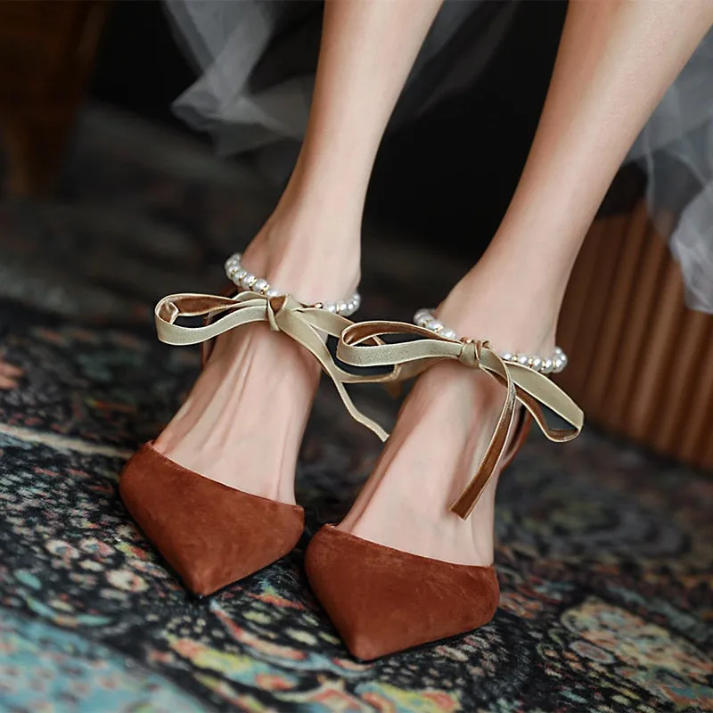 xiangtuibao  Ladies Summer Shoes With Pearls Spring High Heel Shoes Woman Pointd Toe Autumn Elegant Pumps French Style Vintage Pumps